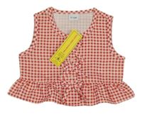 Nové - rezavo-růžový kostkovaný propínací halenkový top s mašlemi a volánkem 