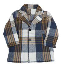 Bílo-tmavomodro-hnědá kostkovaná vzorovaná flaušová košilová bunda SHEIN