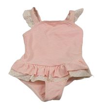 Neonově růžovo-bílé pruhované jednodílné plavky s volánky Primark