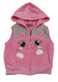 Růžovo-šedá sametová vesta s kočkou a kapucí