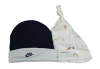 2x bavlněná čepice - bílá se zvířaty + tmavomodrá s logem Nike