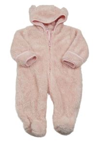 Růžová chlupatá kombinéza s kapucí s oušky Ergee