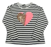 Bílo-černé pruhované mikinotriko se srdcem z překlápěcích flitrů George