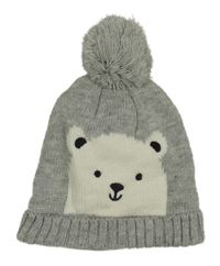 Šedá melírovaná pletená čepice s medvědem a bambulí Ergee