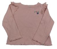 Růžové žebrované úpletové triko s výšivkami květin a volánky Primark