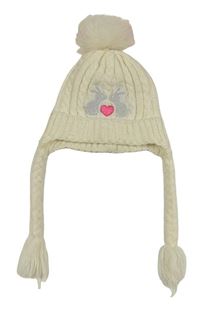 Smetanová pletená čepice s králíky a bambulí