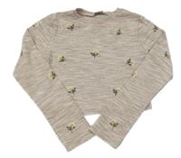 Hnědé melírované žebrované crop triko s výšivkami květin River Island