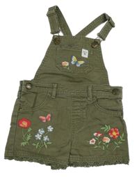 Khaki riflové laclové kraťasy s výšivkami květin Mantaray