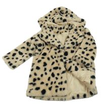 Béžová kožešinová podšitá bunda s leopardím vzorem a kapucí