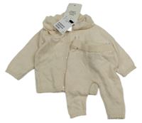 Nové - 2 set - Smetanový vzorovaný lehký propínací svetr + pletené kalhoty H&M