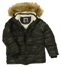 Khaki-černá army šusťáková zimní bunda s kapucí s kožešinou Soulcal