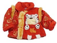 Červeno-zlatá sametová zateplená mikina s medvědem a huňatými lemy 