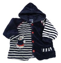 Tmavomodro-bílá pruhovaná sametová zateplená mikina s medvědem a kapucí 