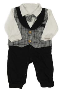 Bílo-černý overal s našitou kostkovanou sukní a motýlkem shein