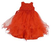 Červené tylové slavnostní šaty s kamínky a páskem 