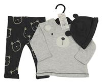Nové - 3 set - šedé triko s medvědem + antracitové žebrované tepláky s medvědy + čepice F&F