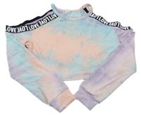 Barevná batikovaná crop mikina s nápisy a holými rameny Shein