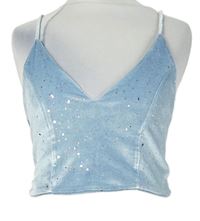 Dámský světlemodrý třpytivý sametový crop top Bershka 