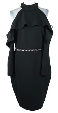 Dámské černé asymetrické pouzdrové šaty s krajkou a volánem Rochelle Humes 