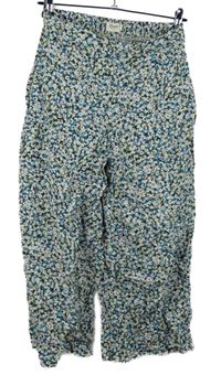Dámské khaki-modro-bílé kytičkované culottes kalhoty Givn 
