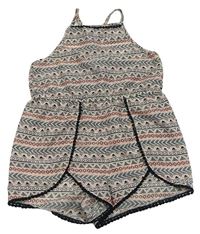 Bílo-černo-růžový vzorovaný kraťasový overal New Look