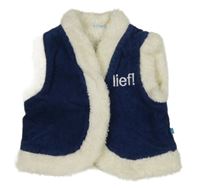 Tmavomodrá manšestrová zateplená vesta s nápisem 