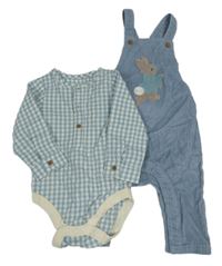 Nové- Modré laclové manšestráky s králíčkem+ kostkované body M&S