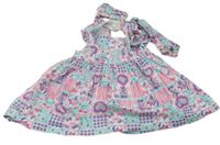 Nové - barevné laclové šaty s potiskem + čelenka