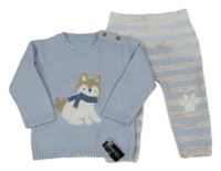 Nové - 2 Set - Modrý svetr s huskym + modro-šedé pruhované pletené tepláky dunnes