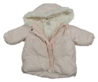 Světlerůžová šusťáková zimní bunda s mašlemi a kapucí absorba