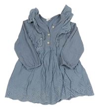 Modrošedé bavlněné šaty s madeirovými volánky H&M