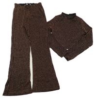 2set - Černo-bronzové pruhované crop triko + flare kalhoty E-Vie