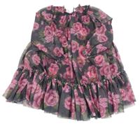 Tmavošedo-růžové květované tylové šaty Next