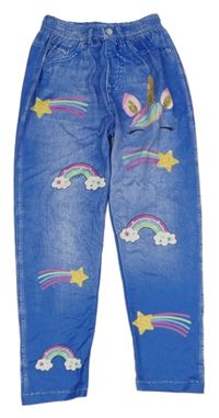 Modré legíny riflového vzhledu s jednorožcem, duhami a kometami