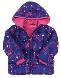 Tmavomodro-růžová šusťáková zimní bunda se zvířátky a kapucí Bluezoo