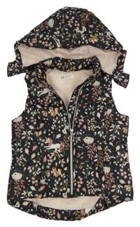 Černá šusťáková zateplená vesta se zvířátky a odepínací kapucí H&M