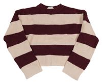 Vínovo-světlerůžový pruhovaný crop svetr 