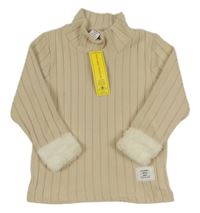 Nové - Béžový žebrovaný svetr s rolákem s chlupatými lemy Shein