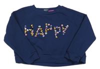 Tmavomodrá crop mikina s nápisem z kamínků Next