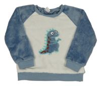 Modro-bílá chlupatá mikina s dinosaurem 