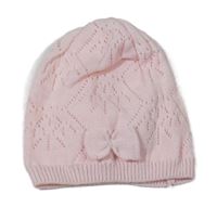 Světlerůžová pletená děrovaná čepice s dirkovaným vzorem a mašlí So Cute