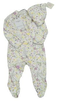 2Set - Smetanový overal s králíčky - Peter Rabbit a růžemi + čepice Tu