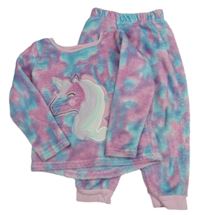 Růžovo-azurovo-fialové batikované třpytivé plyšové pyžamo s jednorožcem Nutmeg