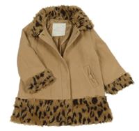 Béžový flaušový podšitý kabát se vzorovanou kožešinou a límečkem Matalan
