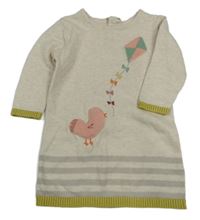 Světlebéžovo/šedo-okrové melírované pletené šaty s ptáčkem a drakem a pruhy M&S