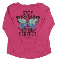 Tmavorůžové triko s motýlkem a nápisy 