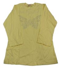 Žluté triko s motýlkem z kamínků a nápisem 