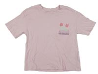 Světlerůžové tričko s tulipánky a nápisy PRIMARK