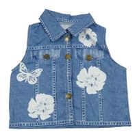 Modrá vesta riflového vzhledu s květy a motýlkem 