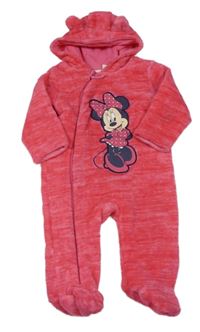 Tmavorůžová melírovaná chlupatá podšitá kombínéza s Minnie a kapucí zn. Disney